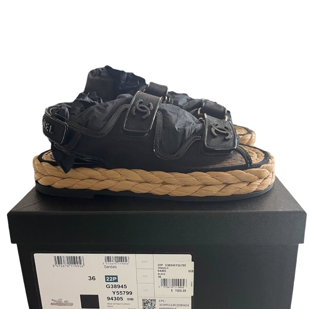 Chanel Grandad Sandals 22P Black Mesh Patent Leather Dad